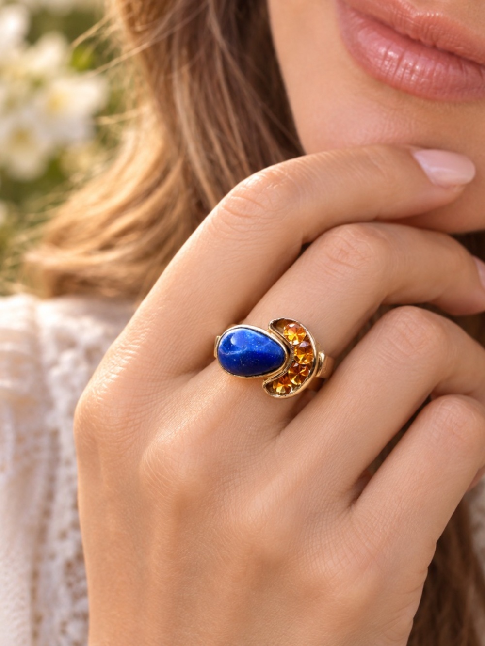 Handmade Natural Citrine, Blue Lapis Ring Solid 14K Yellow Gold